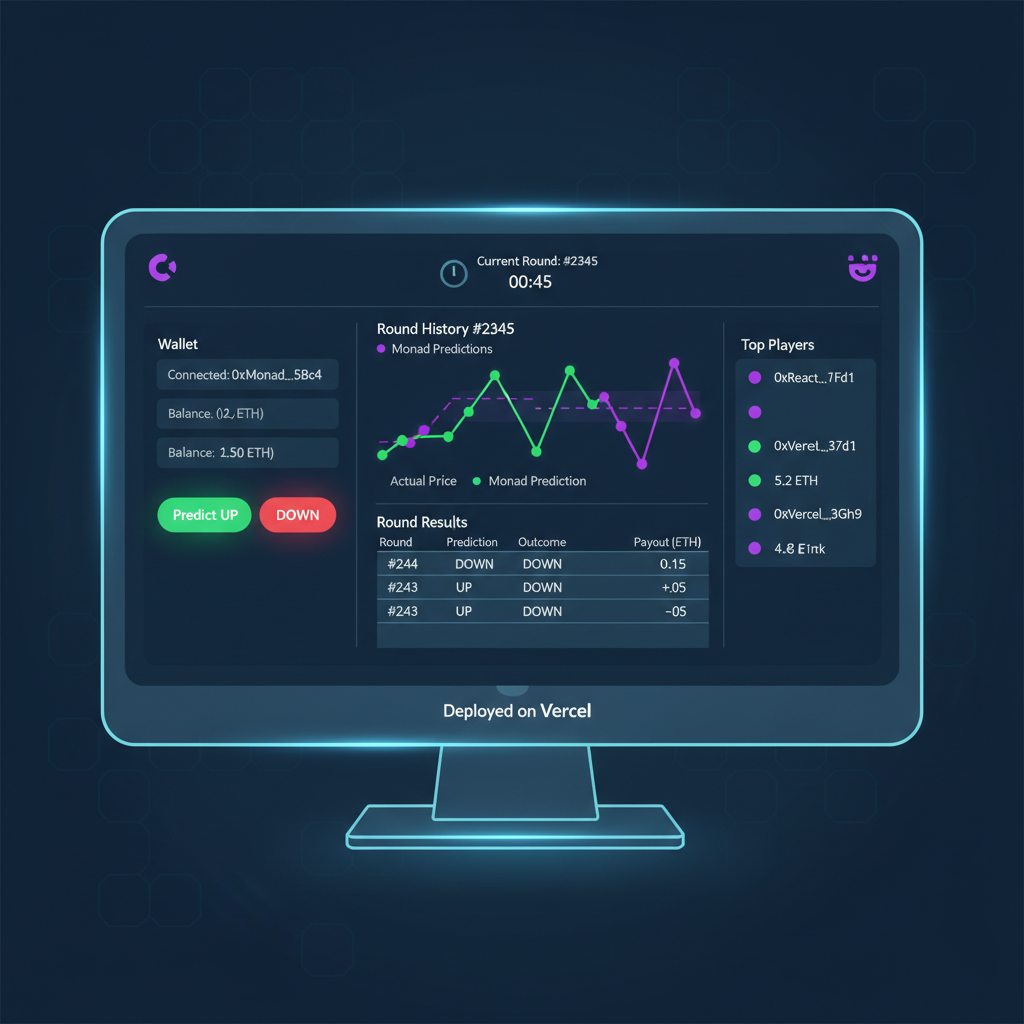 Complete deployed React app for Monad prediction game on Vercel, full UI with wallet bets and rounds chart, high-tech blockchain interface