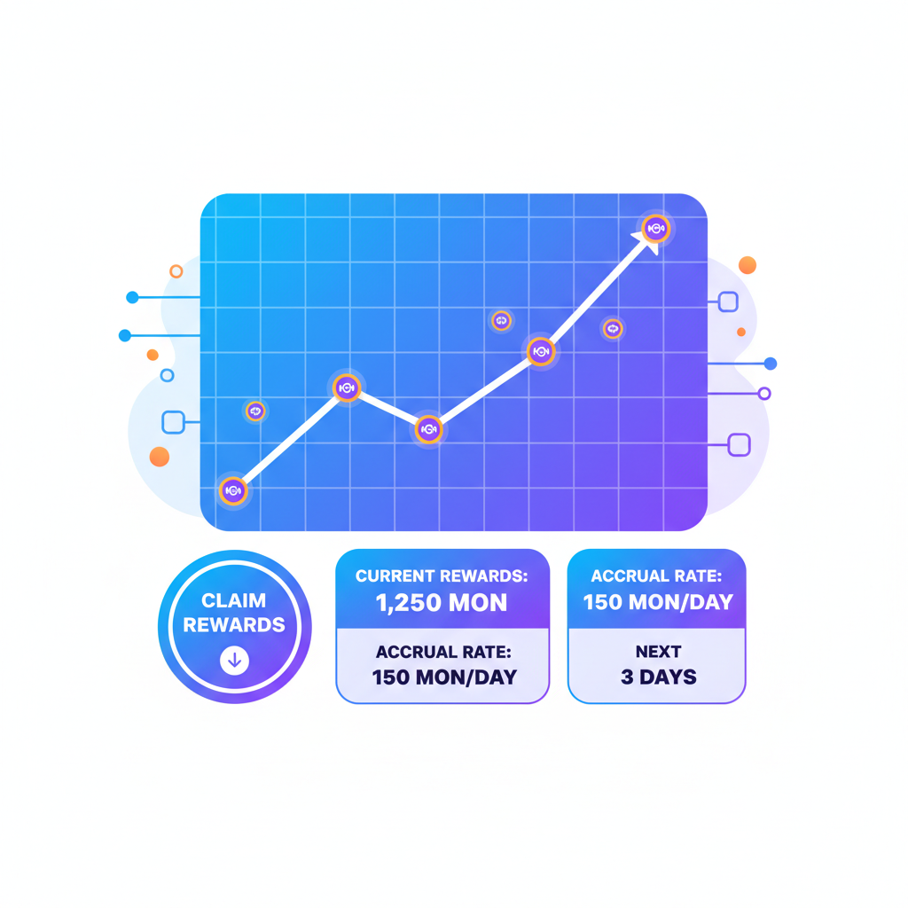 rewards accrual graph on Monad dashboard, rising line chart with MON tokens, vibrant metrics