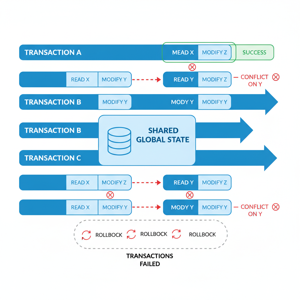 diagram of parallel transactions conflicting on shared global state in blockchain EVM, rollback arrows, tech blue tones