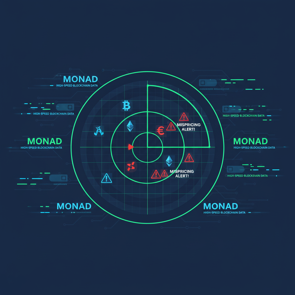 radar screen scanning crypto prediction markets for arbitrage opportunities, red mispricing alerts flashing, Monad high-speed blockchain data streams --ar 16:9