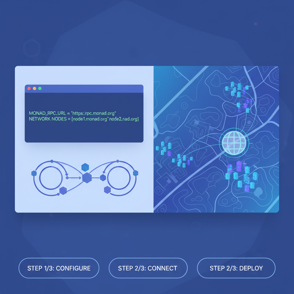 editing config file with Monad RPC URL, network nodes connecting, vibrant digital map
