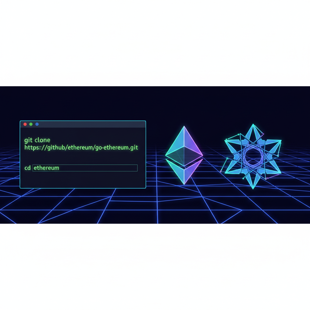 git clone command in terminal, Ethereum logo morphing to Monad, neon grid background