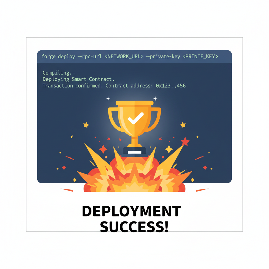 forge deploy terminal output, smart contract deploying, exploding success animation