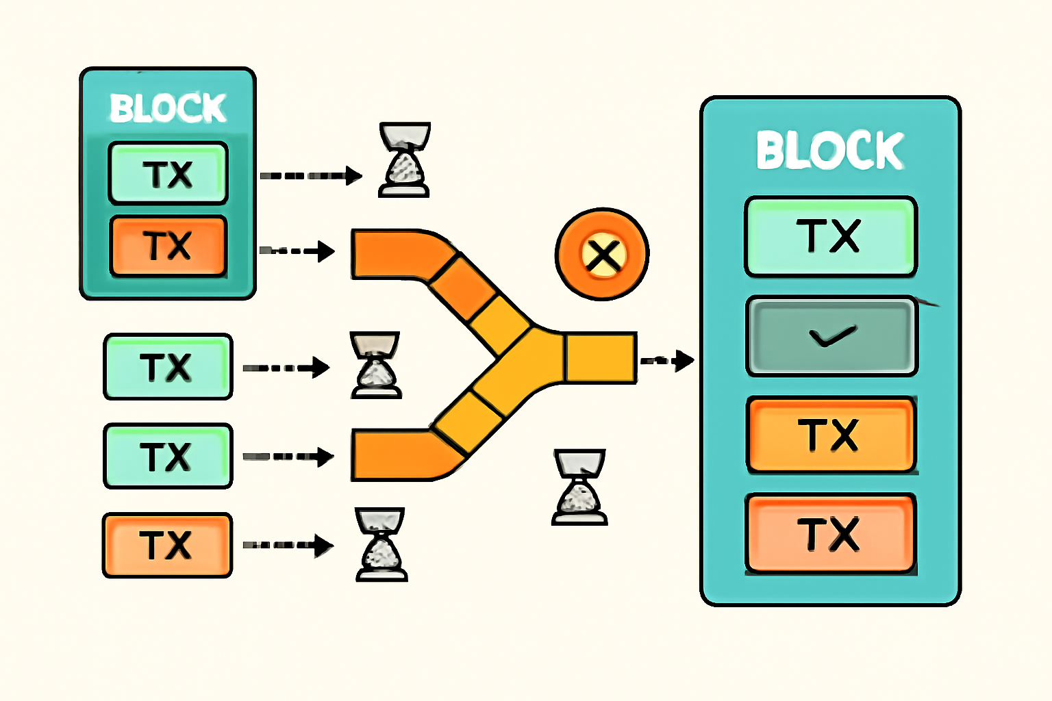 sequential re-execution of conflicting blockchain transactions, linear pipeline fixing errors amid parallel flows, clean tech illustration