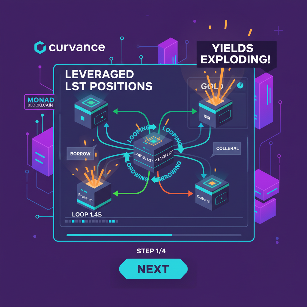 Curvance DeFi dashboard with leveraged LST positions looping, borrowing arrows and yield charts exploding upwards, Monad blockchain background, cyberpunk style --ar 16:9