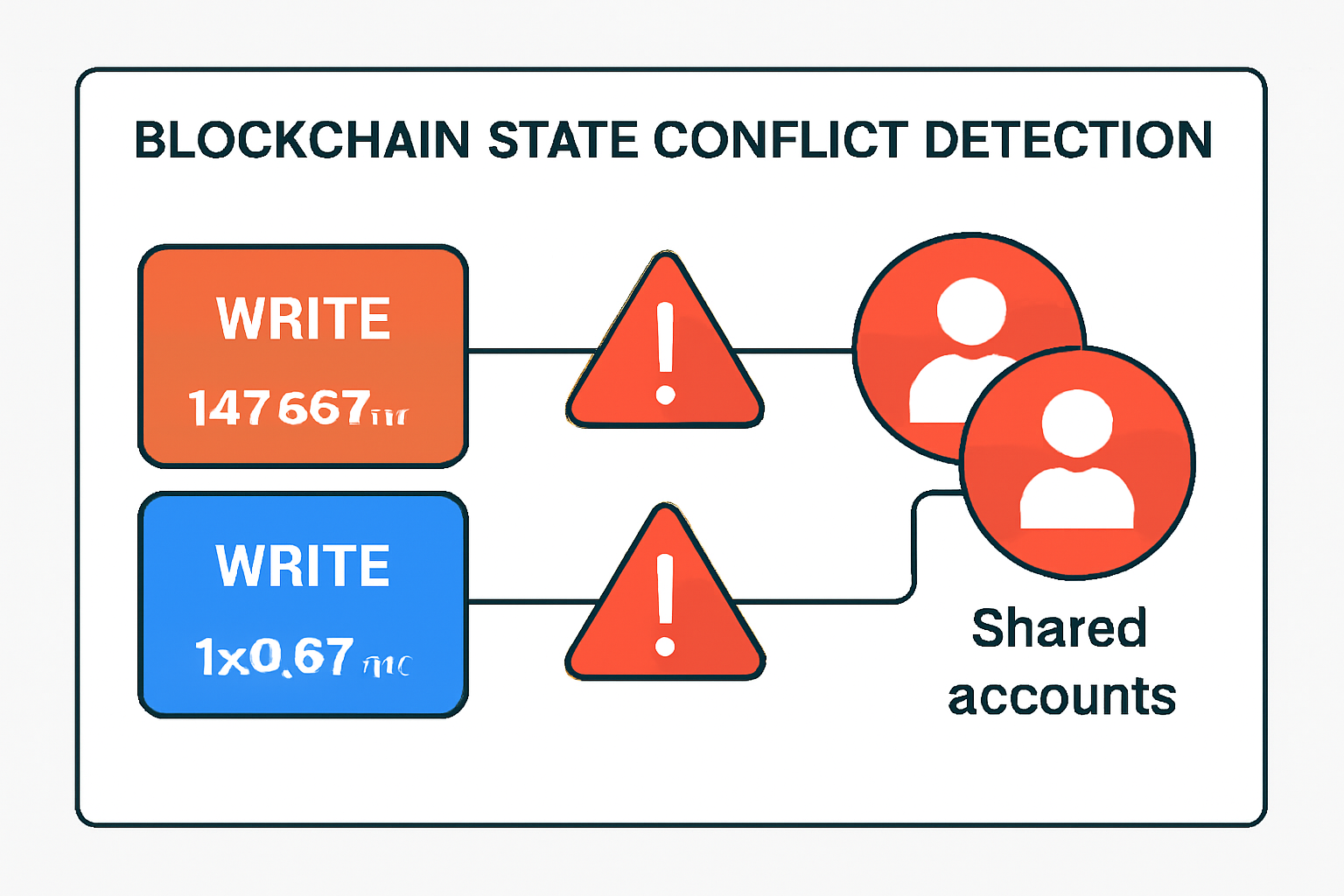 blockchain state conflict detection, red warning signals on overlapping write operations to shared accounts, diagnostic dashboard style