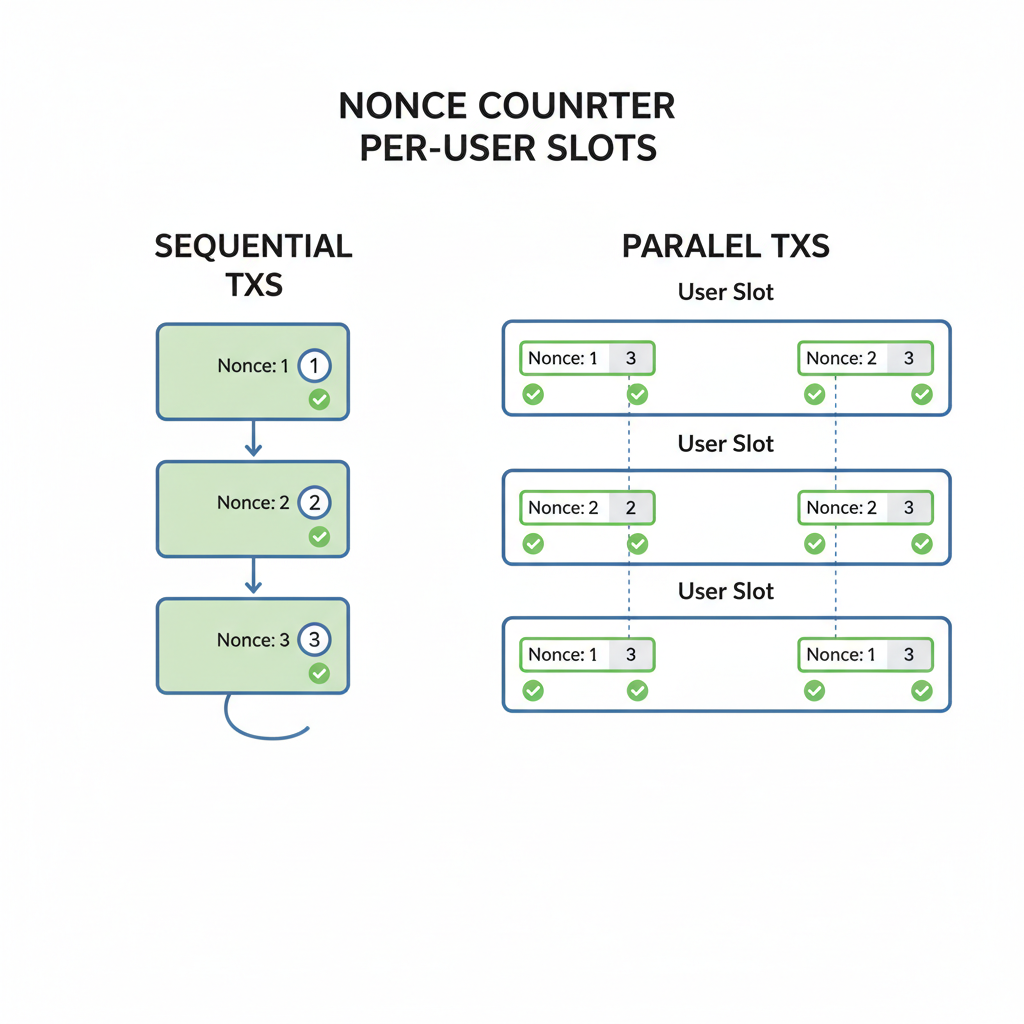 nonce counter per-user slots diagram, sequential vs parallel txs, green checkmarks