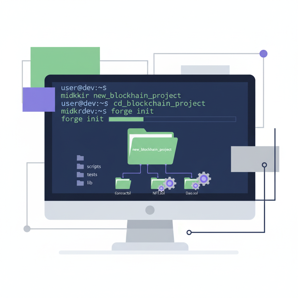 command line forging new blockchain project folder with smart contract icons