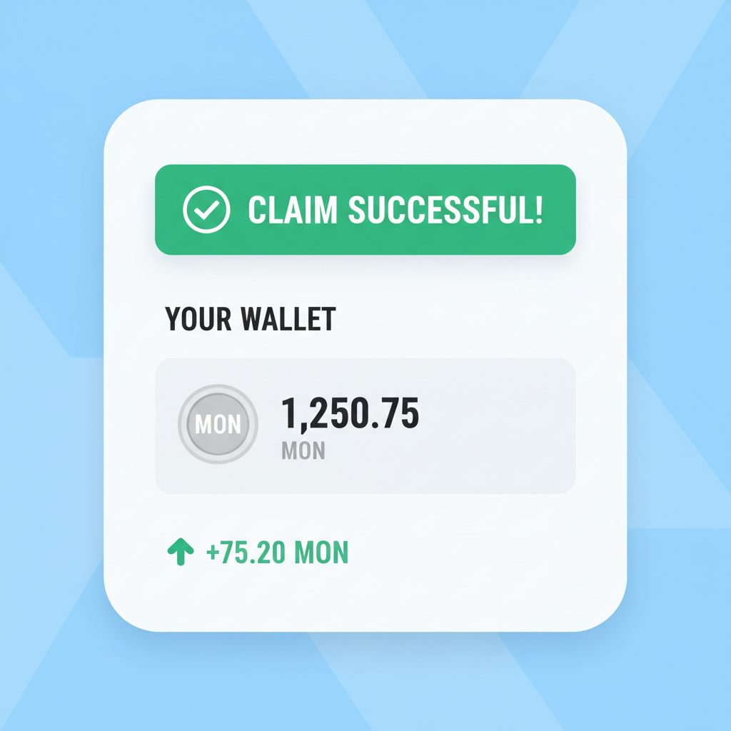 successful claim notification on dashboard, updated wallet balance showing MON rewards