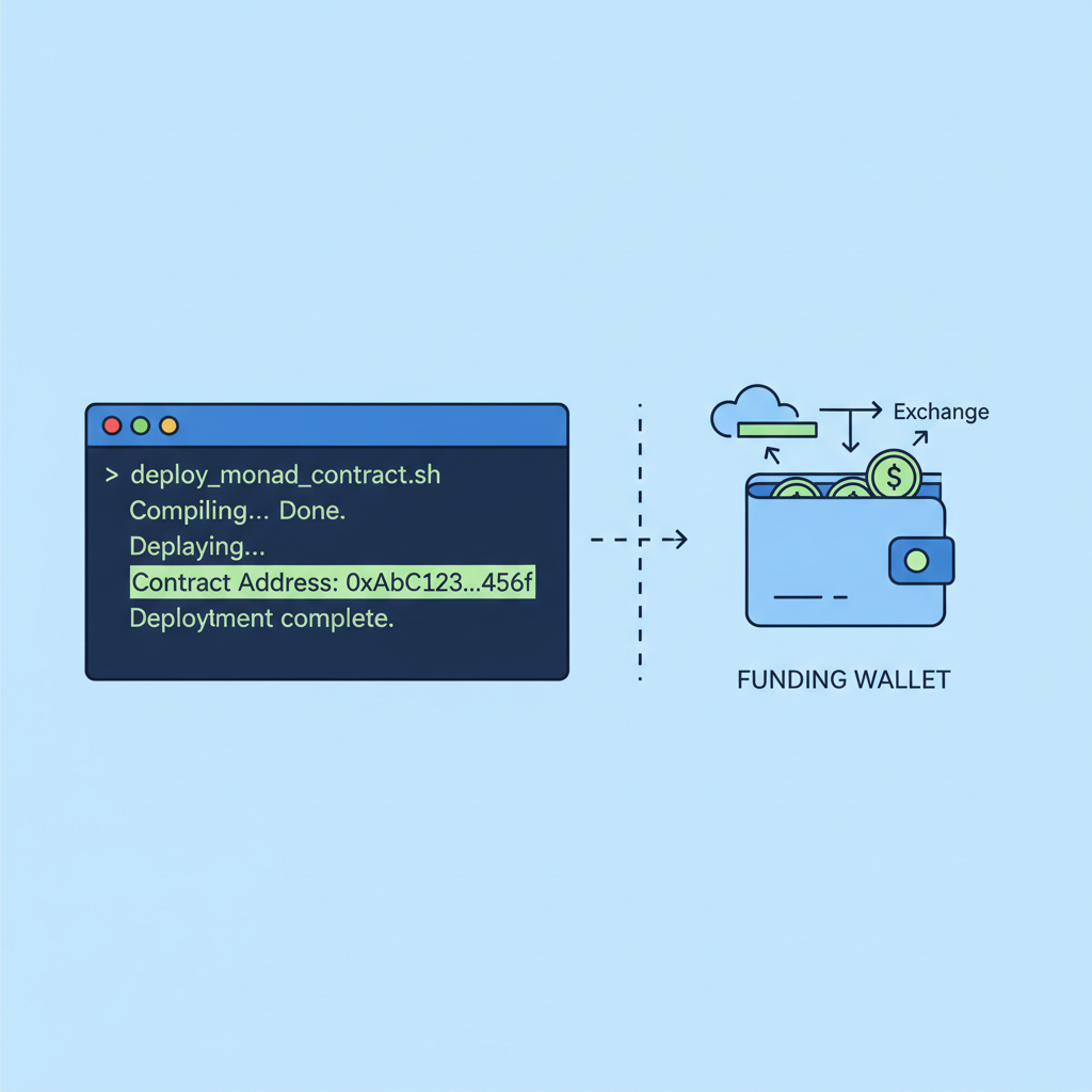 deployment script in terminal, Monad contract address output, wallet funding animation