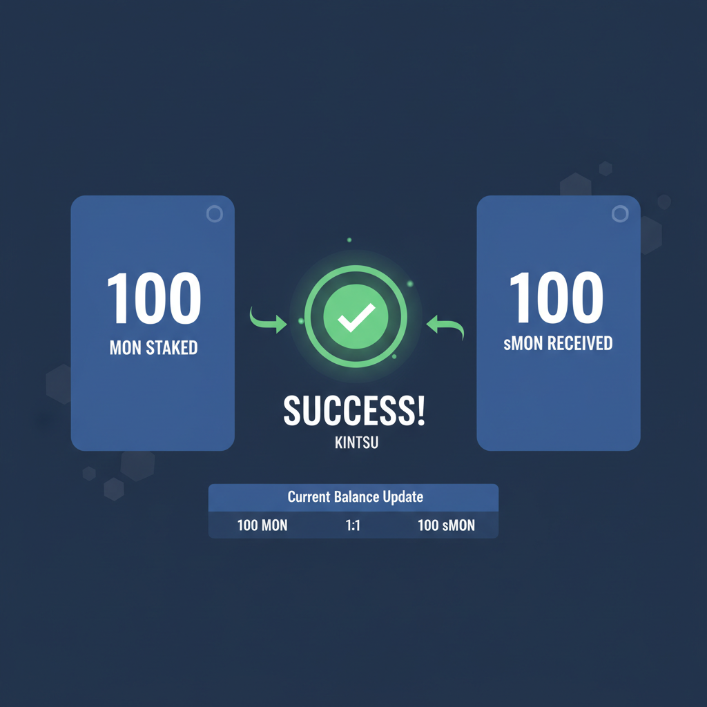 Wallet balance update showing MON staked and sMON received 1:1, success notification on Kintsu