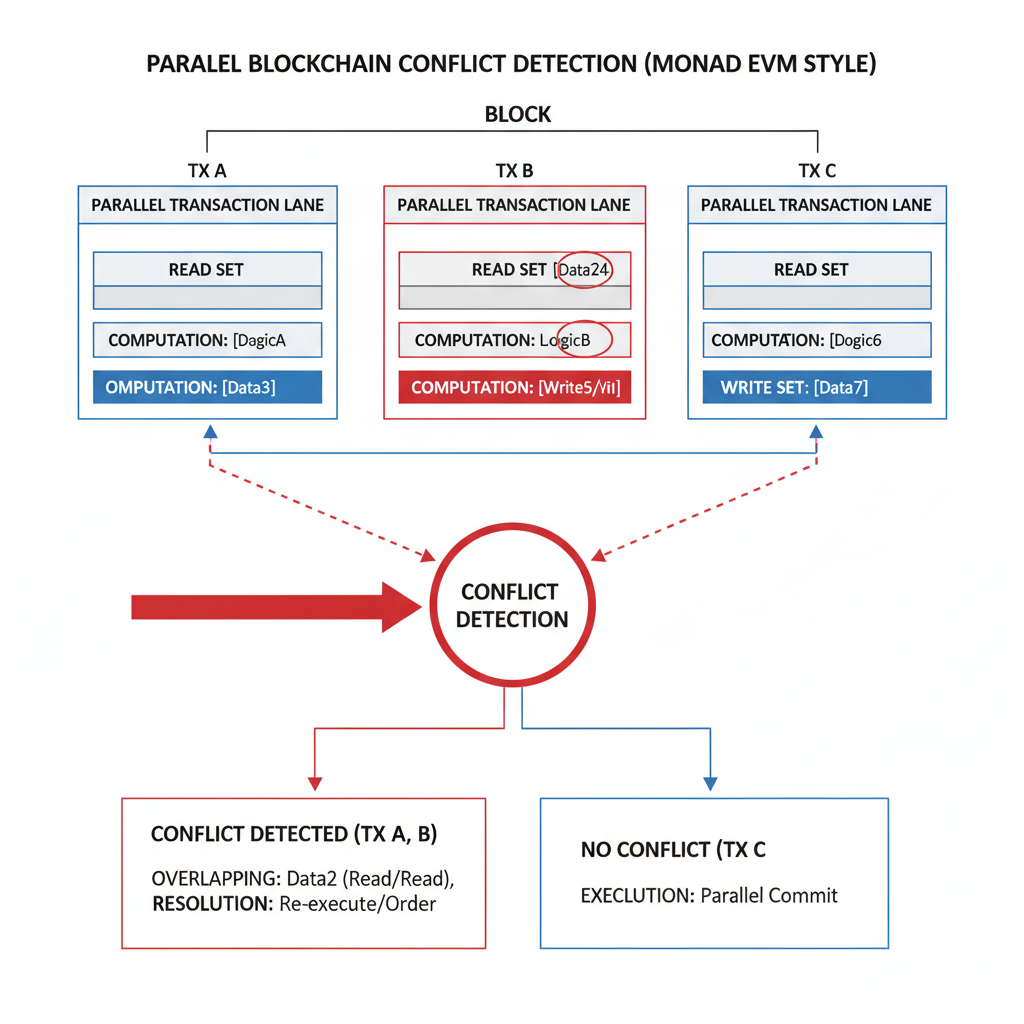 conflict detection graph in parallel blockchain execution, overlapping read/write sets highlighted red, Monad EVM style, technical flowchart