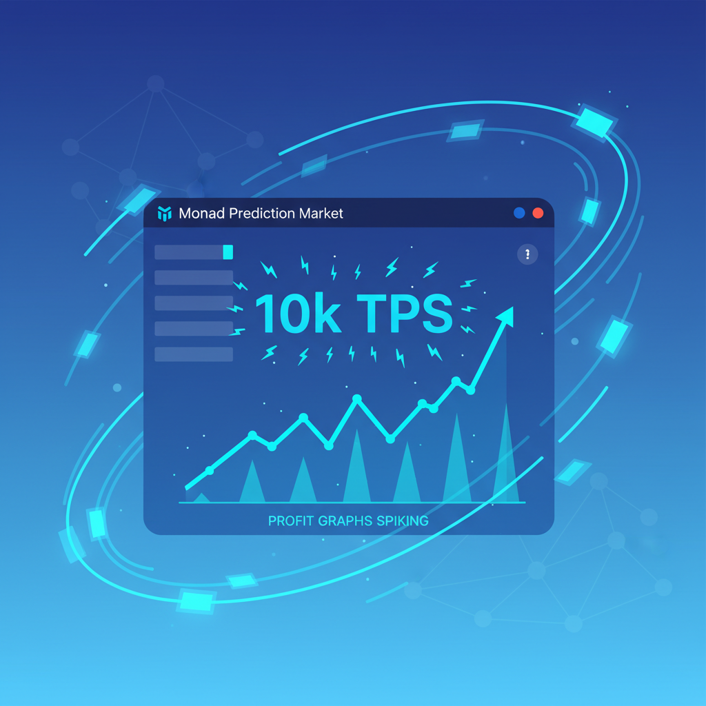 lightning-fast trade executions on Monad prediction markets, transactions racing at 10k TPS, profit graphs spiking, electric blue speed lines --ar 16:9