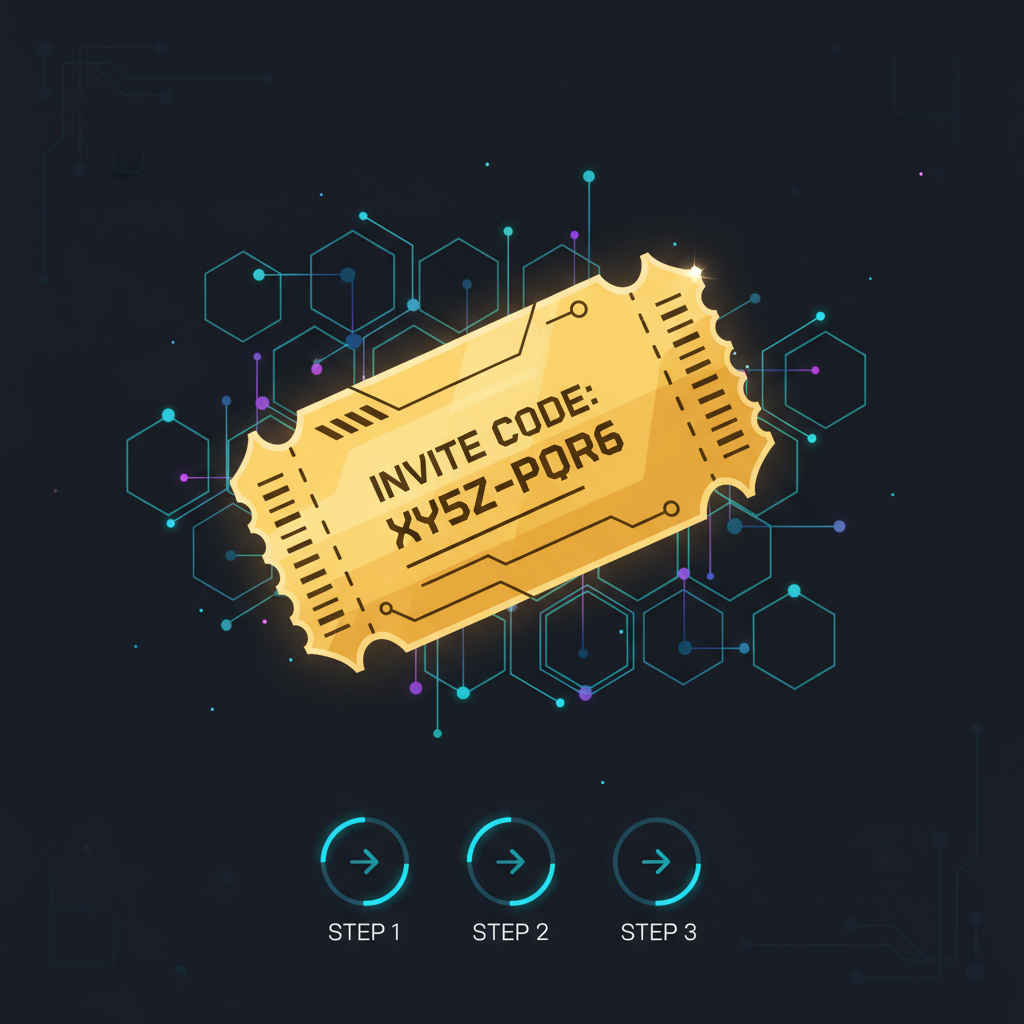 futuristic golden invite code ticket glowing in blockchain network, cyberpunk style